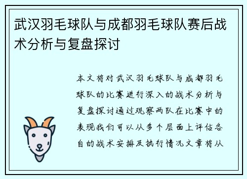武汉羽毛球队与成都羽毛球队赛后战术分析与复盘探讨