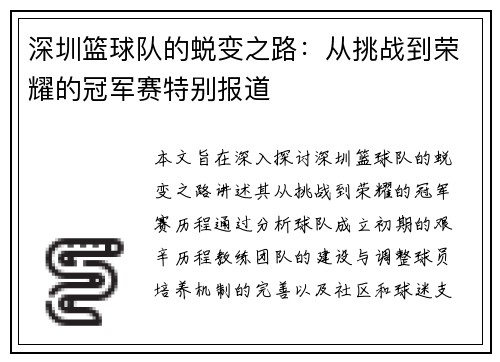 深圳篮球队的蜕变之路：从挑战到荣耀的冠军赛特别报道